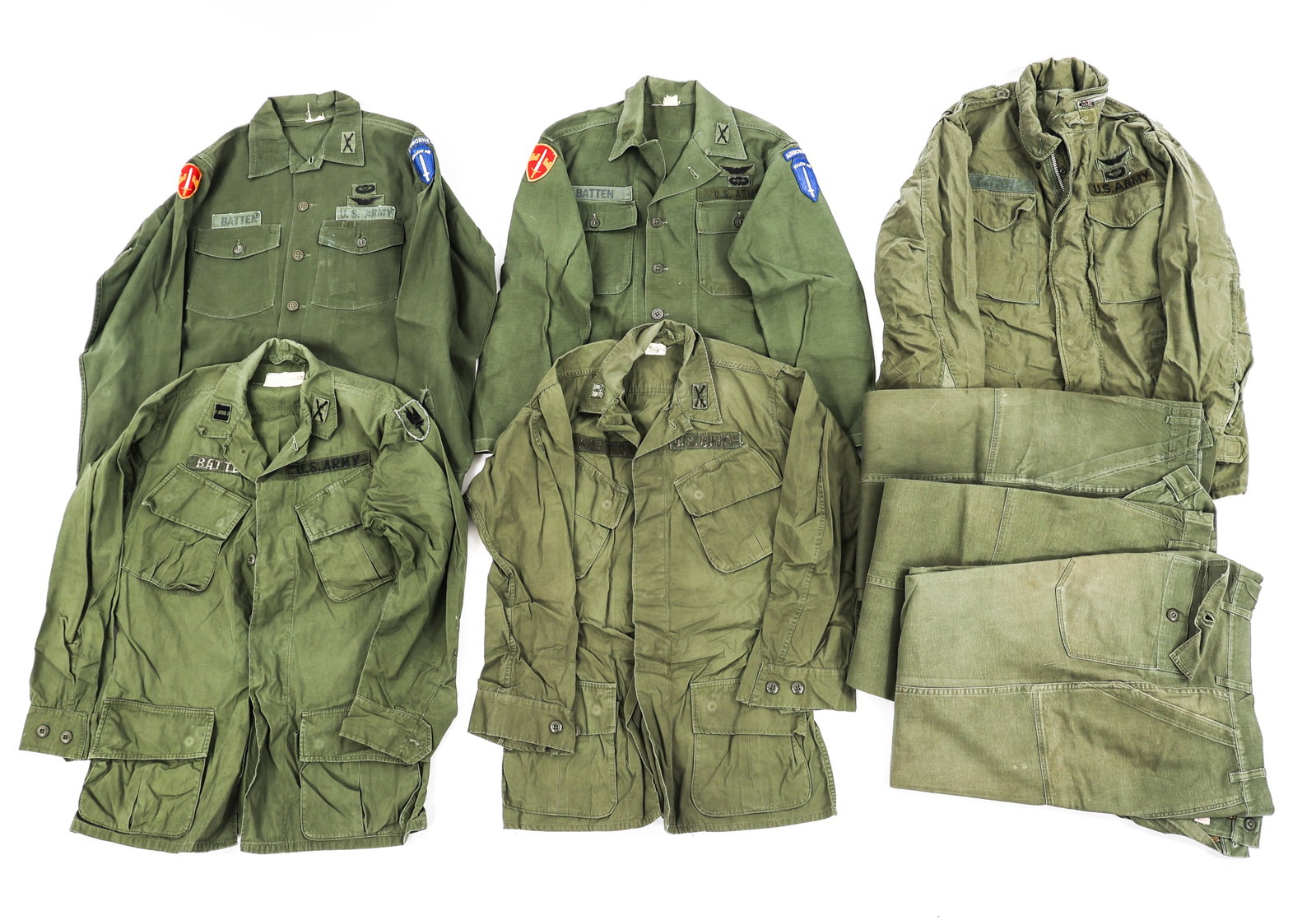 VIETNAM WAR US ARMY FIELD UNIFORMS: VIETNAM WAR US ARMY FIELD UNIFORMS Lot of 8 Vietnam War US Army Field Uniform Items. Named to Major Norman Batten, 05318127, of the 128th "Tomahawks" Assault Helicopter Company. (2) 3rd Pattern Jungle