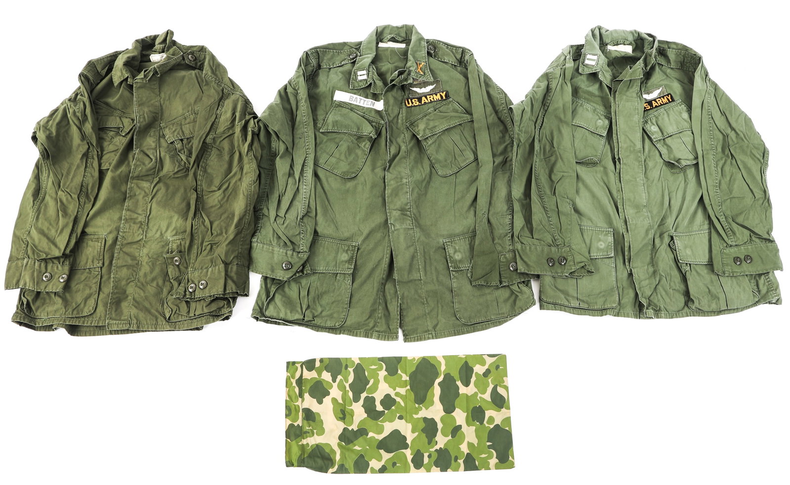 VIETNAM WAR US ARMY PILOT UNIFORM COATS: VIETNAM WAR US ARMY PILOT UNIFORM COATS Lot of 4 Vietnam War US Army Pilot Uniform Items. Named to Major Norman Batten, 05318127, of the 128th "Tomahawks" Assault Helicopter Company. (1) Tropical Comb