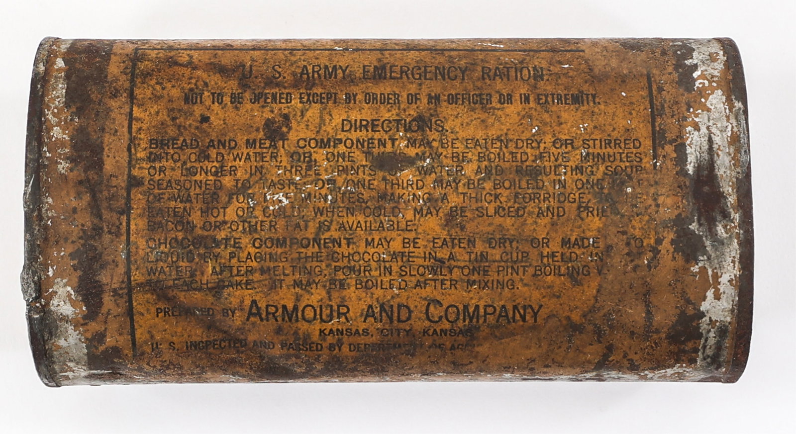 WWI US ARMY PATTERN 1906 EMERGENCY RATION: WWI US ARMY PATTERN 1906 EMERGENCY RATION WWI US Army Pattern 1906 Unopened Emergency Ration. Printed directions label and maker mark by Armour and Company, Kansas City on front of the can.