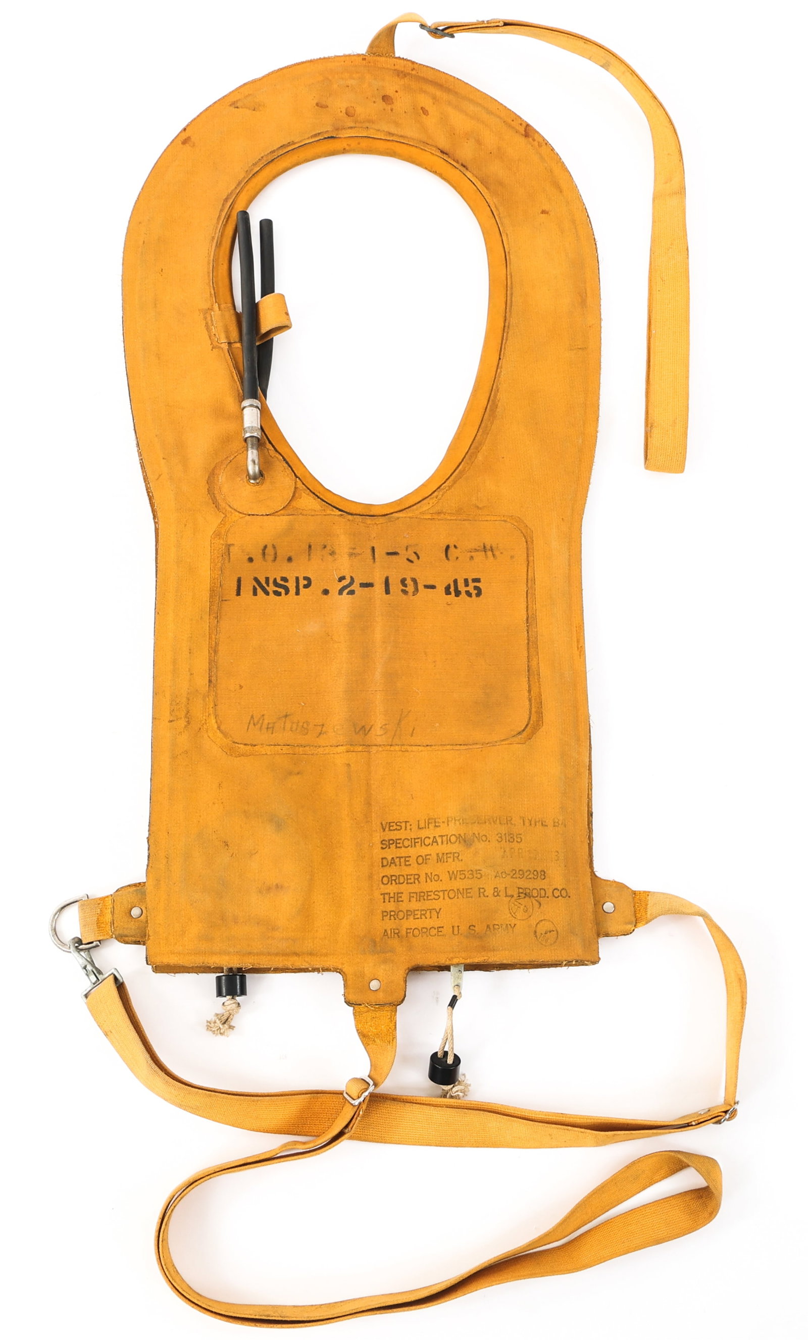 WWII USAAF TYPE B-4 LIFE PRESERVER VEST: WWII USAAF TYPE B-4 LIFE PRESERVER VEST WWII US Army Air Force Type B-4 Life Preserver Vest. Maker marked by Firestone R & L Prod. Co. and dated April 17th, 1943.