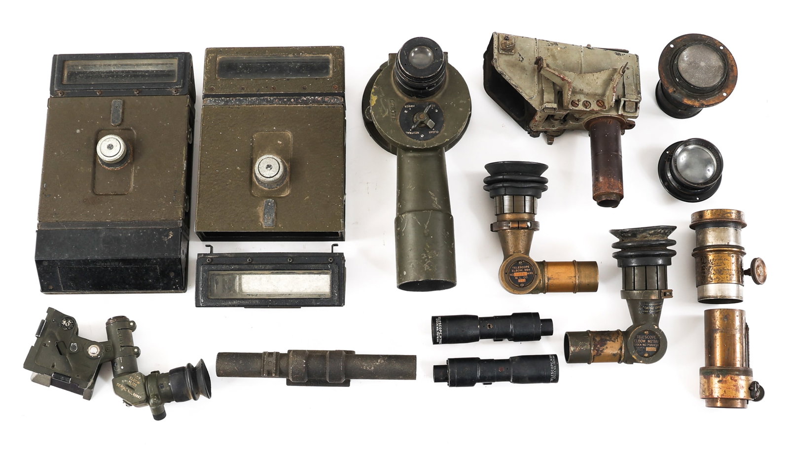 WWII US ARMY TELESCOPE & PERISCOPE LOT: WWII US ARMY TELESCOPE & PERISCOPE LOT Lot of Assorted US Army Telescopes & Periscopes. Includes M6 Sherman tank periscopes, M17 elbow telescope, M24 elbow telescopes, M109 elbow telescope, M28A2 tank