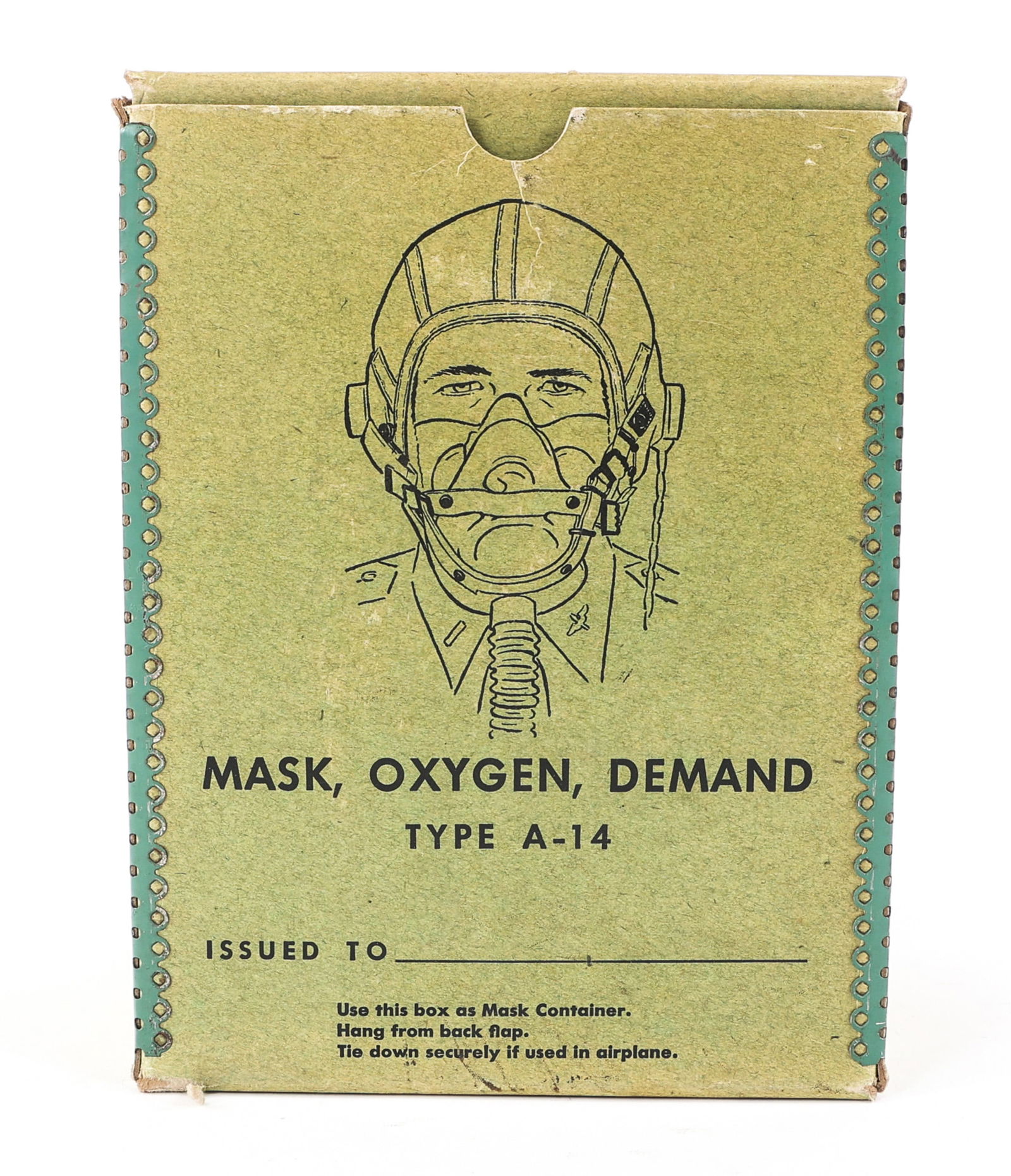 WWII USAAF UNISSUED TYPE A-14 OXYGEN MASK: WWII USAAF UNISSUED TYPE A-14 OXYGEN MASK WWII US Army Air Forces Type A-14 Oxygen Mask. Unissued, in original box. Manufactured by The Ohio Chemical and Mfg. CO. Dated 1944. Size: Medium