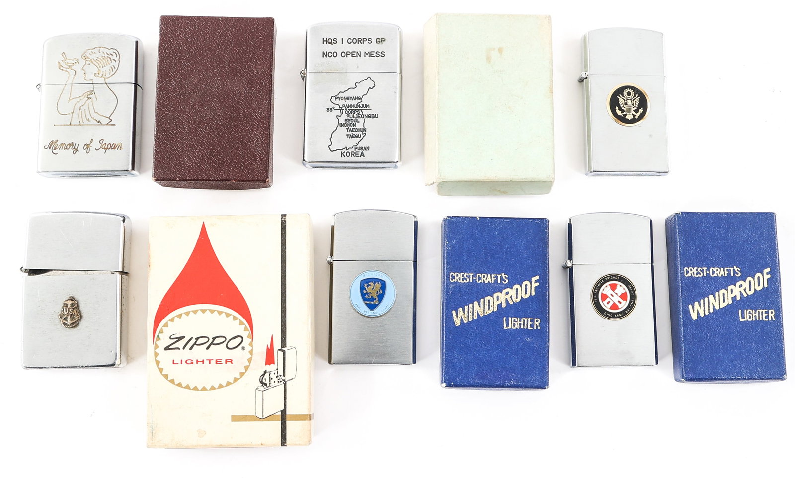COLD WAR US LIGHTERS & LIGHTER BOXES: COLD WAR US LIGHTERS & LIGHTER BOXES Cold War US Cigarette Lighters & Lighter Boxes. (1) Zippo No. 280 Navy Anchor Lighter with box. "Big Dave" etched into the back. (1) "Memory of Japan" Lighter. Mak