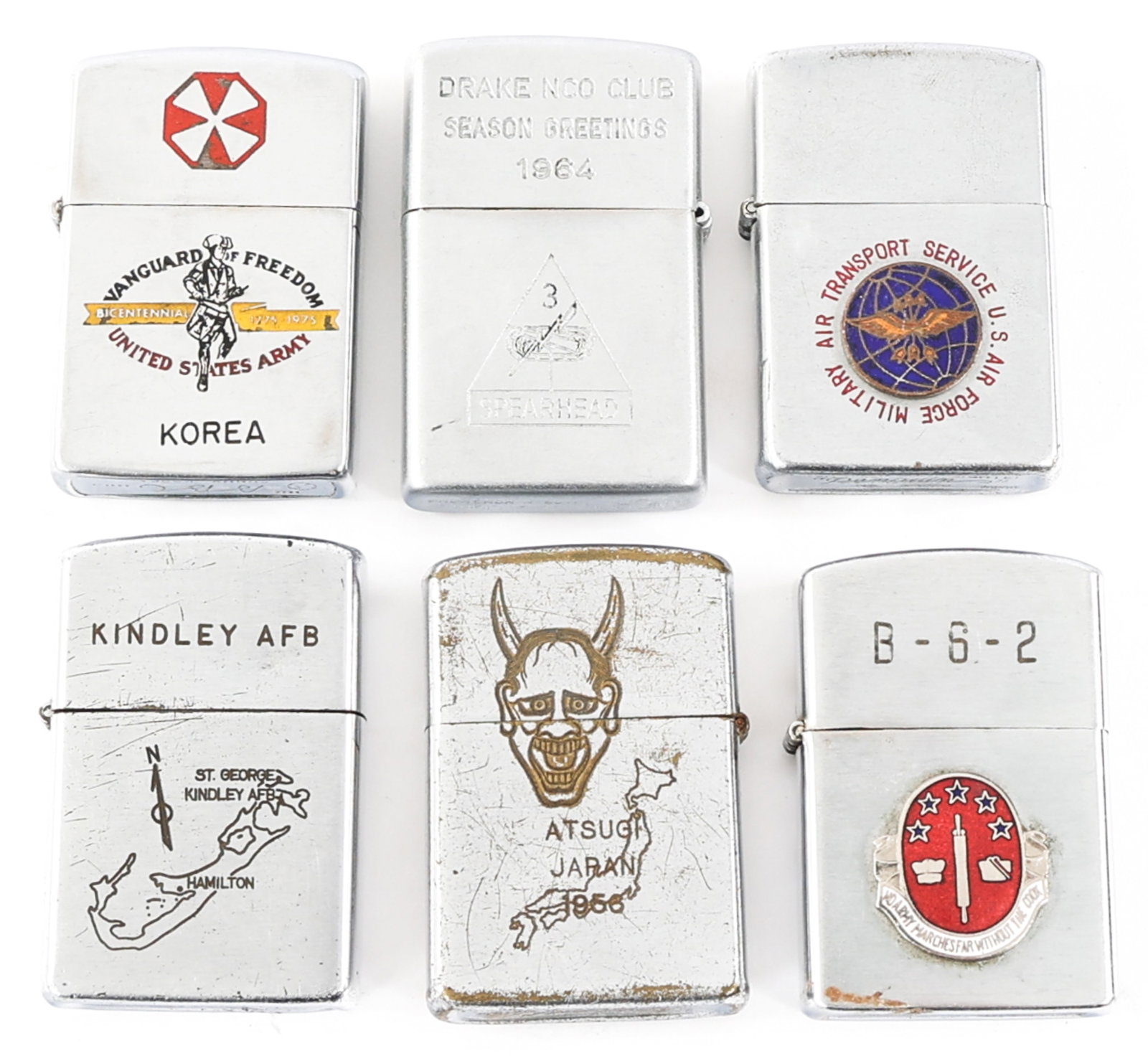 COLD WAR US ARMED FORCES LIGHTER LOT OF 6: COLD WAR US ARMED FORCES LIGHTER LOT OF 6 Lot of 6 Cold War US Armed Forces Cigarette Lighters. (1) Kindley Air Force Base Lighter. Maker marked by Rothco. (1) US 8th Army "Korea" Lighter. Maker marke