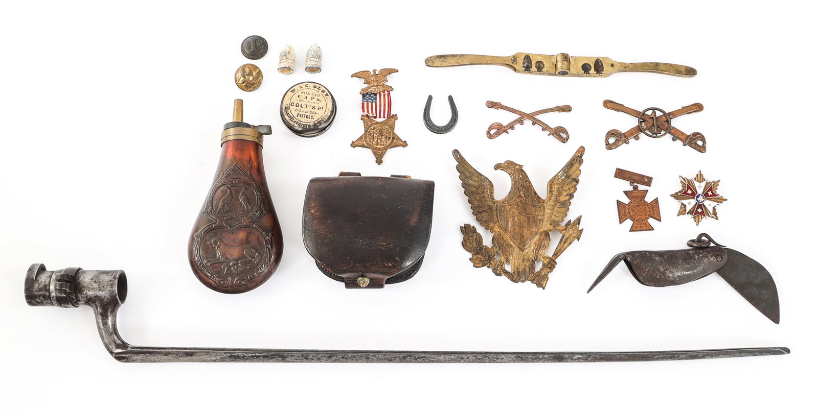 CIVIL WAR BAYONET / FIELD GEAR & INSIGNIA LOT: CIVIL WAR BAYONET / FIELD GEAR & INSIGNIA LOT Civil War Socket Bayonet and Assorted Field gear / Insignia. (1) Imported French AN XI Bayonet. Triangular blade with fuller. Proof / inspection stamps on