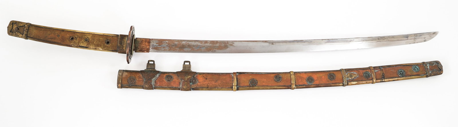 LATE 19th - EARLY 20th C. JAPANESE KATANA: LATE 19th - EARLY 20th C. JAPANESE KATANA Late 19th - Early 20th Century Japanese Katana. Single edged, bright blade with Toran style Hamon (Barely visible). Four-hole tang. Kasane: 6.4mm, Mihaba: 28.