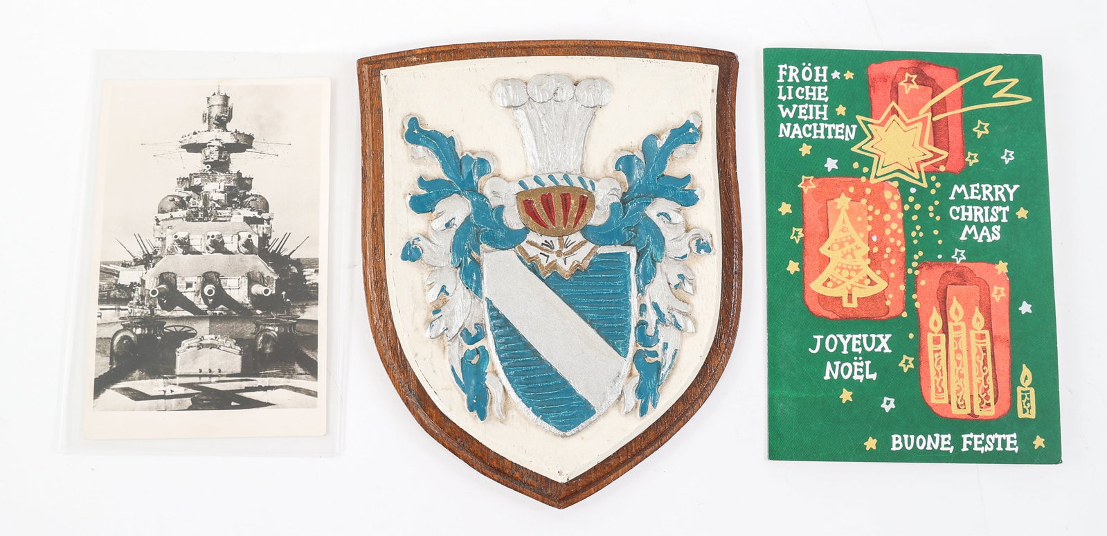 WWII GERMAN BATTLECRUISER SCHARNHORST PLAQUE: WWII GERMAN BATTLECRUISER SCHARNHORST PLAQUE WWII German Lead Battlecruiser Scharnhorst Plaque. Wood construction with hand painted shield. Dated 1940 on the reverse. Size: 7 1/8" to 5 3/4"