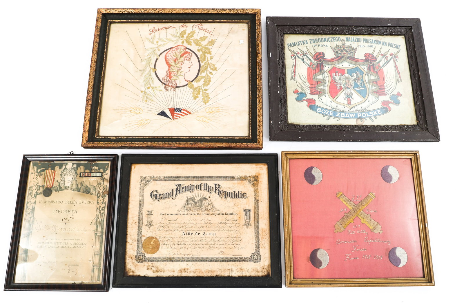WWI WORLD MILITARY MEMORIAL POSTERS & CERTIFICATES: WWI WORLD MILITARY MEMORIAL POSTERS & CERTIFICATES Lot of 5 Framed WWI World Military Memorial Posters & Certificates. (1) Polish memorial poster. Depicts Polish coat of arms and caption translated to