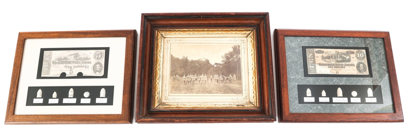 CIVIL WAR CSA PHOTO / CURRENCY & ORDNANCE DISPLAYS: CIVIL WAR CSA PHOTO / CURRENCY & ORDNANCE DISPLAYS Civil War Confederate States Framed Photograph and Currency & Ordnance Displays. (1) Framed Photograph of a Confederate Artillery Unit. Size: 12 1/4"