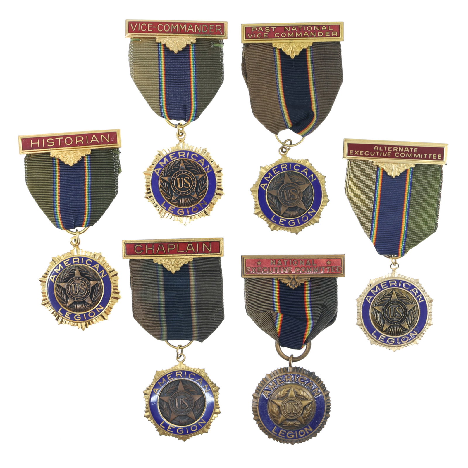 AMERICAN LEGION MEDALS - NATIONAL: AMERICAN LEGION MEDALS - NATIONAL National American Legion medals on ribbons, circa 1930's-1940's, includes National Executive Committee, Historian, Chaplain, Vice-Commander, Past National Vice Comman