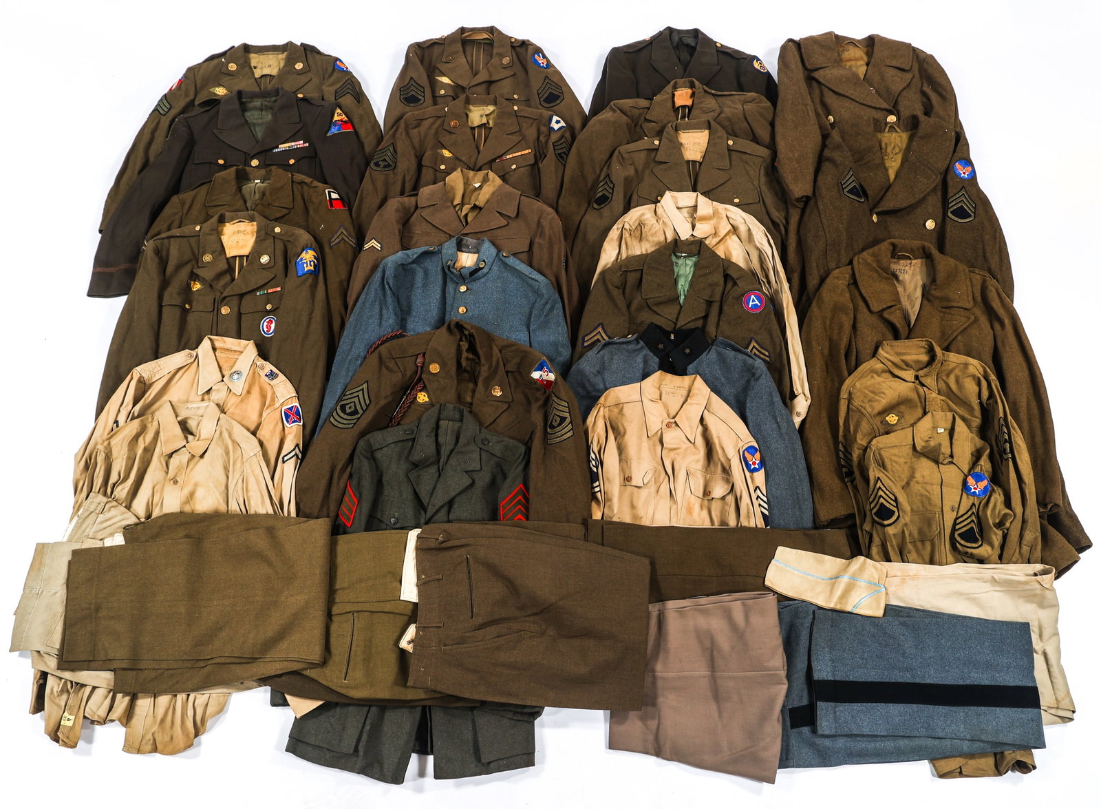 WWII - KOREAN WAR US ARMY OFF. / EM & NCO UNIFORMS: WWII - KOREAN WAR US ARMY OFF. / EM & NCO UNIFORMS WWII - Korean War US Army Officer, Enlisted & NCO Uniforms. Includes tunics, shirts, trousers, ties, and more. Size: Small to Large