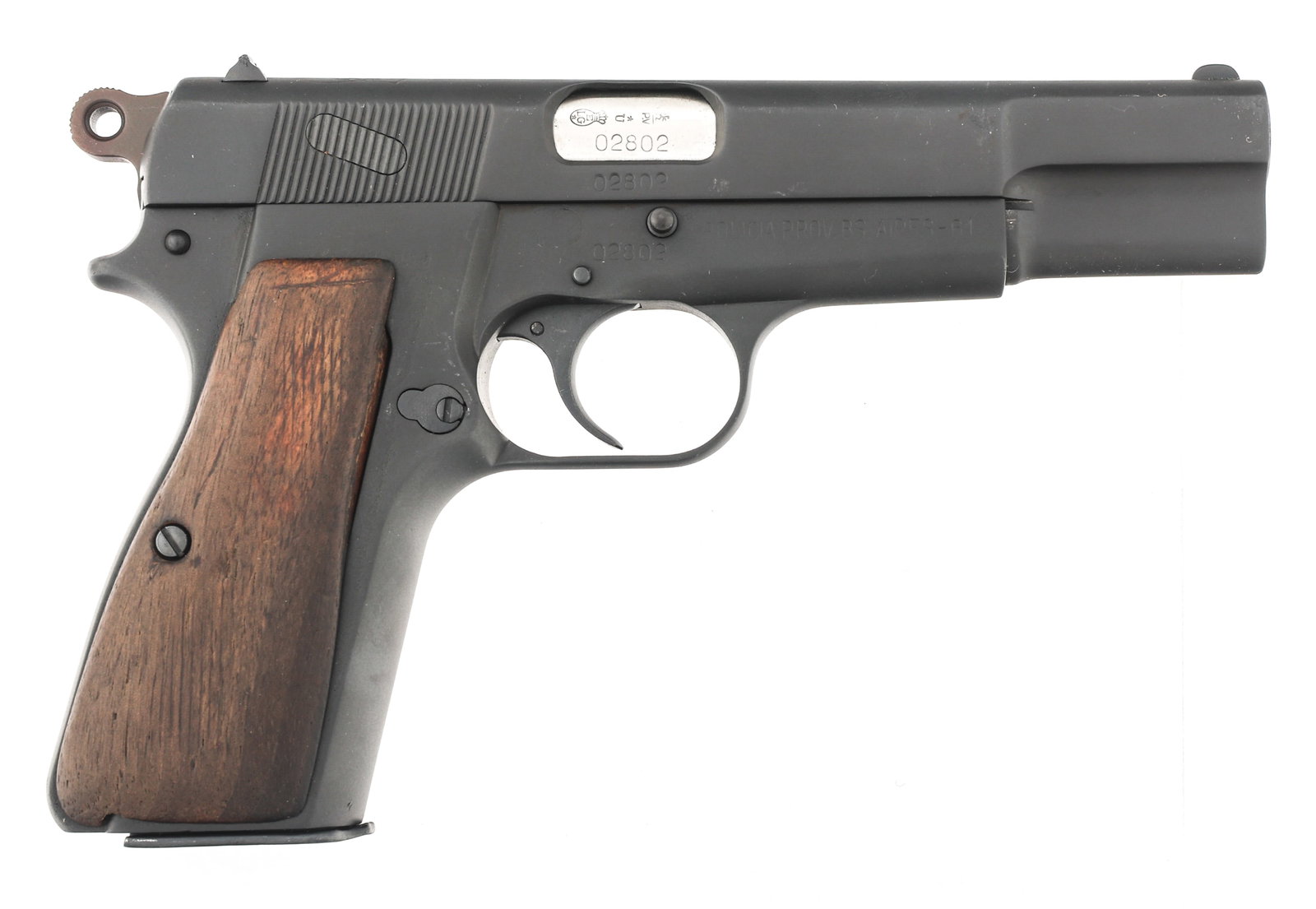 FN BROWNING ARGENTINIAN POLICE HI POWER 9mm PISTOL: FN BROWNING ARGENTINIAN POLICE HI POWER 9mm PISTOL FN Browning Argentinian Police Model Hi Power 9mm caliber semi automatic pistol. Parkerized finish. Argentina Crest on slide. "Policia Prov. BS. Aire