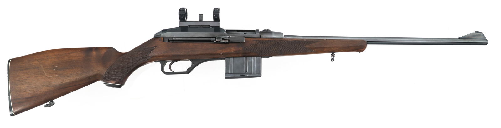 HK MODEL 770 SEMI AUTO .308 WIN CALIBER RIFLE: HK MODEL 770 SEMI AUTO .308 WIN CALIBER RIFLE HK Model 770 semi automatic .308 Win caliber rifle. Blued finish. HK date code. Fixed front sight. Flip up rear sight. Scope rings in QD mount. Checkered