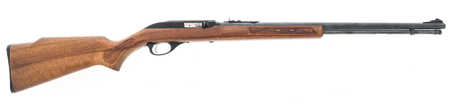 MARLIN GLENFIELD MODEL 60 .22 LR CALIBER RIFLE: MARLIN GLENFIELD MODEL 60 .22 LR CALIBER RIFLE Marlin Glenfield Model 60 .22 LR caliber semi automatic rifle. Blued finish. Wooden stock is engraved with leaves. Adjustable rear sight. | Caliber / Gau