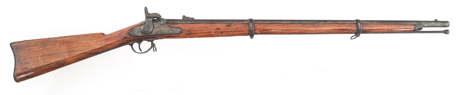 SPRINGFIELD MODEL 1863 .58 CALIBER RIFLED MUSKET: SPRINGFIELD MODEL 1863 .58 CALIBER RIFLED MUSKET 1864 Springfield Model 1863 2 band .58 caliber rifled musket. Blade front sight. Two position flip up rear sight. Wood stock. Sling swivels. Ram rod. |