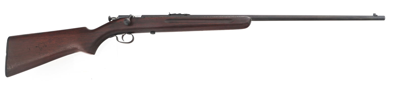 WINCHESTER MODEL 67 .22 S-L-LR CALIBER RIFLE: WINCHESTER MODEL 67 .22 S-L-LR CALIBER RIFLE Winchester Model 67 .22 S-L-LR caliber single shot bolt action rifle. Blued finish. Wood stock. Left side of stock carved "JIM". Left and right side of but