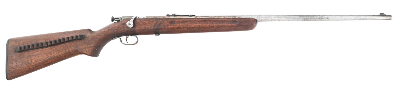 WINCHESTER MODEL 67 .22 S-L-LR CALIBER RIFLE: WINCHESTER MODEL 67 .22 S-L-LR CALIBER RIFLE Winchester Model 67 .22 S-L-LR caliber single shot bolt action rifle. Blued finish. Blade front sight. Adjustable rear sight. Wood stock with leather shell