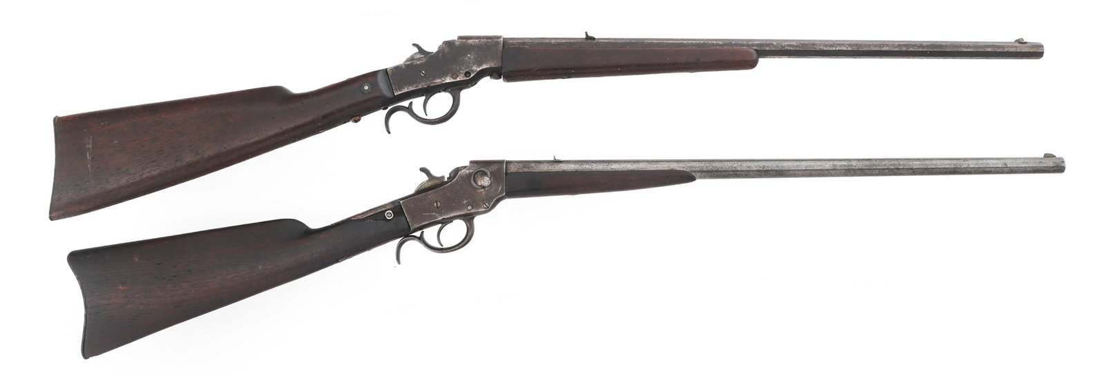 HOPKINS & ALLEN FALLING BLOCK RIFLES LOT OF 2: HOPKINS & ALLEN FALLING BLOCK RIFLES LOT OF 2 Hopkins & Allen .22 caliber falling block rifles lot. A) Hopkins & Allen Junior .22 caliber falling block rifle. Barrel stamped "Made by the Hopkins and A