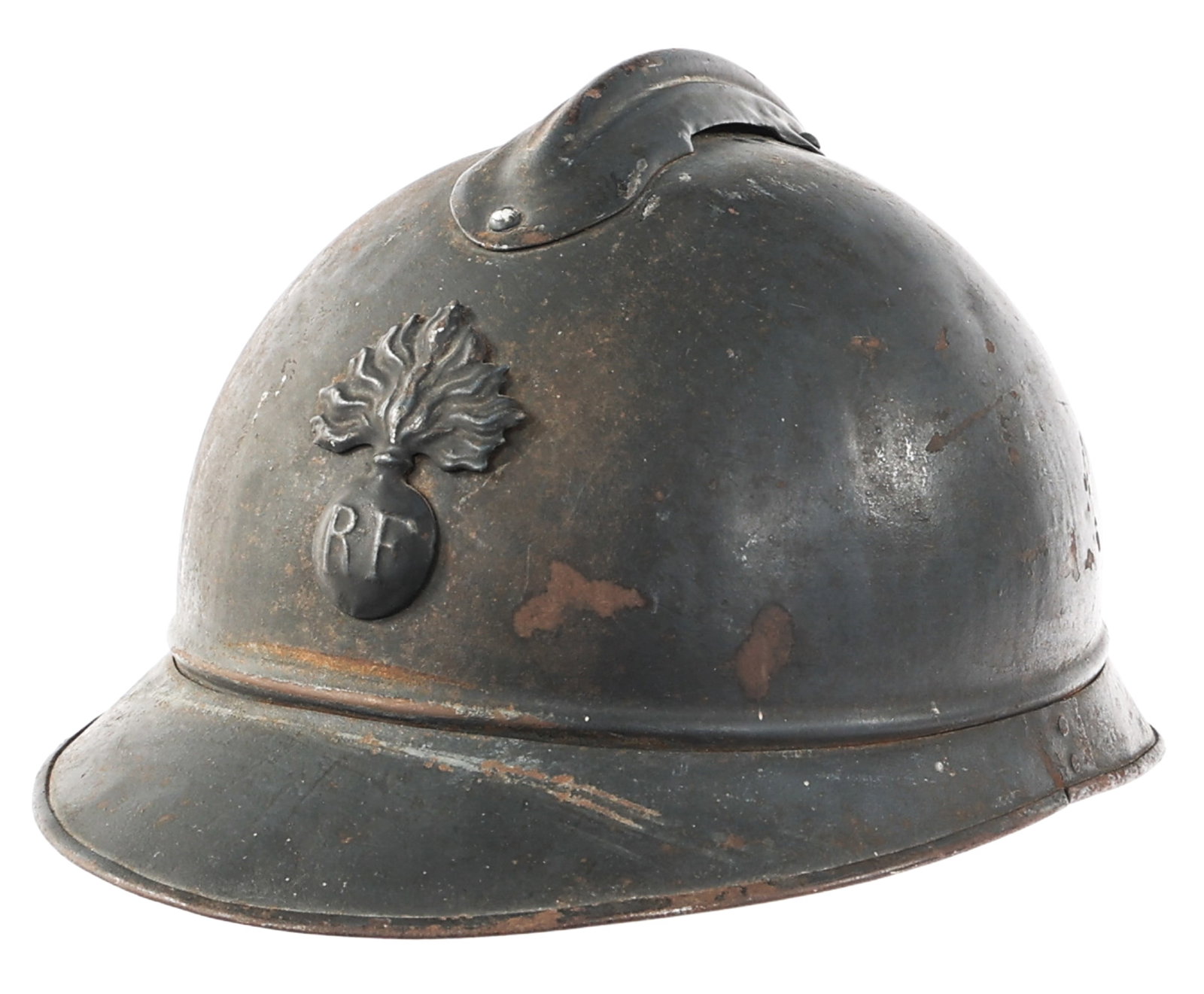 WWI FRENCH M15 ADRIAN COMBAT HELMET: WWI FRENCH M15 ADRIAN COMBAT HELMET WWI French M15 Adrian Combat Helmet. RF Infantry front plate. Complete leather liner. No chinstrap.