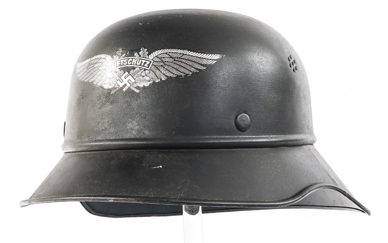 WWII GERMAN LUFTSCHUTZ M38 GLADIATOR HELMET: WWII GERMAN LUFTSCHUTZ M38 GLADIATOR HELMET WWII German Luftschutz Beaded M38 Gladiator Helmet. Frontal Luftschutz decal. "RL 2 - 38/28" stamped on interior. Leather chinstrap and 6-tongue leather lin