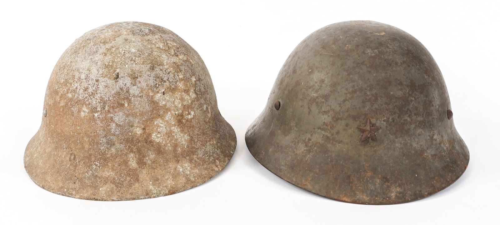 WWII IMPERIAL JAPANESE CIVIL DEFENSE HELMETS: WWII IMPERIAL JAPANESE CIVIL DEFENSE HELMETS WWII Imperial Japanese Army Type 90 Combat Helmets. (1) Civil Defense Helmet. Frontal star insignia. Canvas liner and cloth chinstrap. Handwritten kanji ch