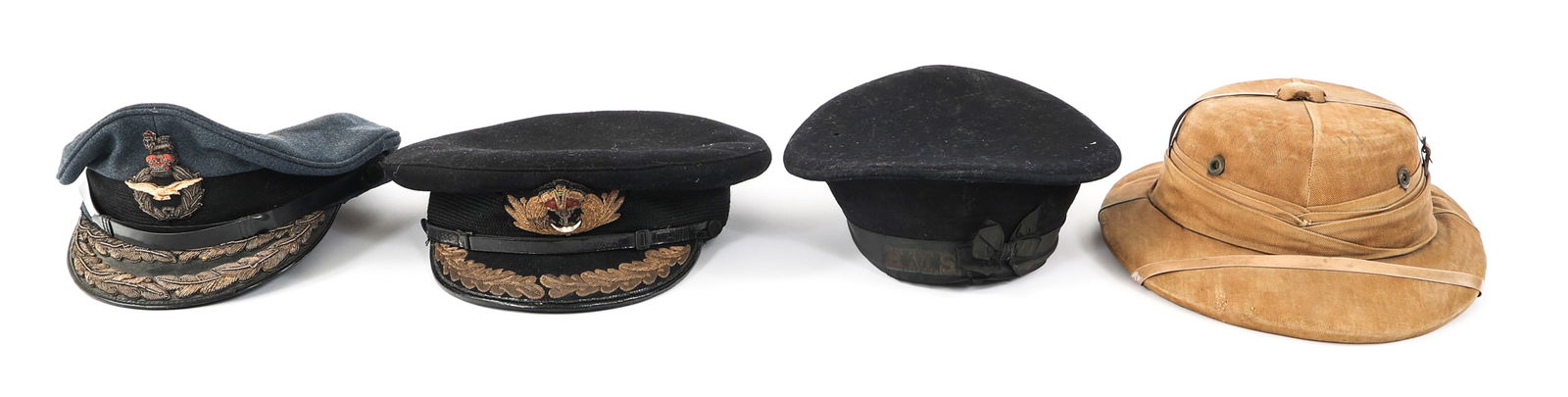 WWII - COLD WAR BRITISH HELMETS & CAPS: WWII - COLD WAR BRITISH HELMETS & CAPS WWII - Cold War British Helmets and Caps. (1) British Pith Helmet. Manufacture tag preset in Hebrew Characters. Made in Palestine. (1) British Royal Navy Captain
