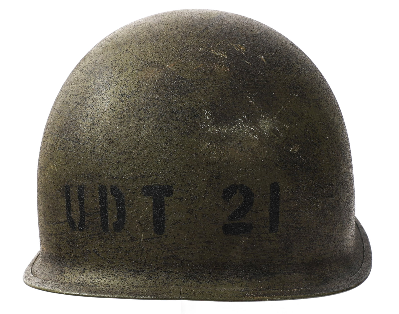 COLD WAR US NAVY UDT 21 M1 COMBAT HELMET SHELL: COLD WAR US NAVY UDT 21 M1 COMBAT HELMET SHELL Cold War US Navy Underwater Demolition Team 21 M1 Combat Helmet Shell. WWII production shell. OD green painted with "UDT 21" on the rear. Rear seam, swiv