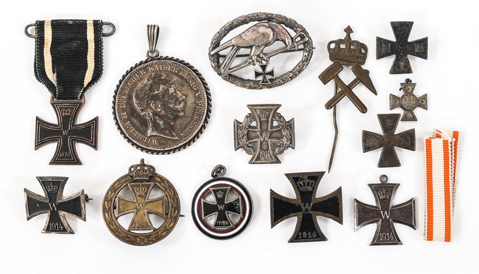 WWI IMPERIAL GERMAN IRON CROSS & PATRIOTC PINS: WWI IMPERIAL GERMAN IRON CROSS & PATRIOTC PINS WWI Imperial German Iron Cross and Patriotic Pins. Including Iron Cross Mini medal pin, Iron Cross, Eagle badge, Kaiser Wilhelm II coin medallion and mor