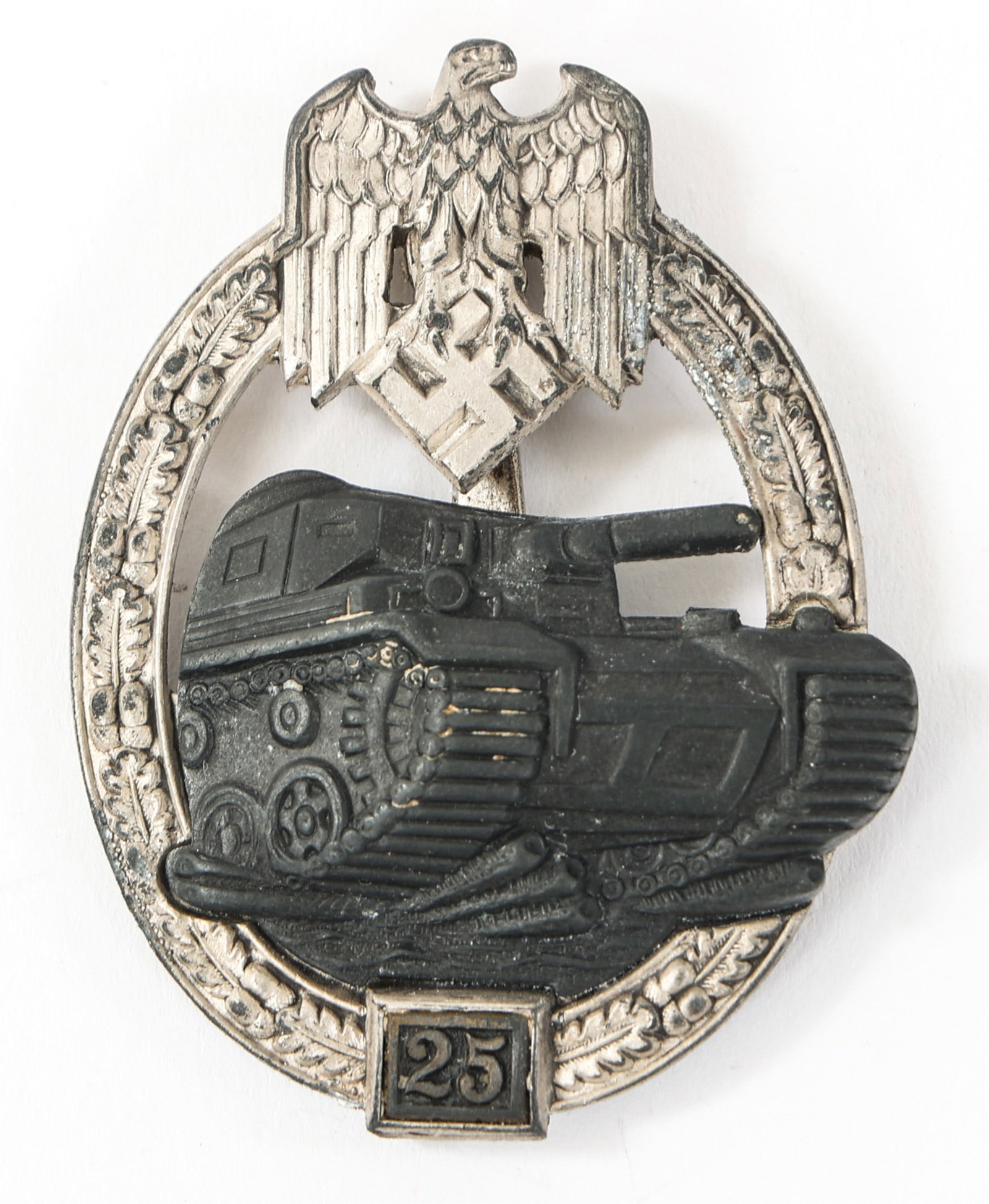 WWII GERMAN 25 ENGAGEMENT PANZER ASSAULT BADGE: WWII GERMAN 25 ENGAGEMENT PANZER ASSAULT BADGE WWII German 25 Engagement Panzer Assault Badge in Silver. JFS pattern but no visible markings/stamps.