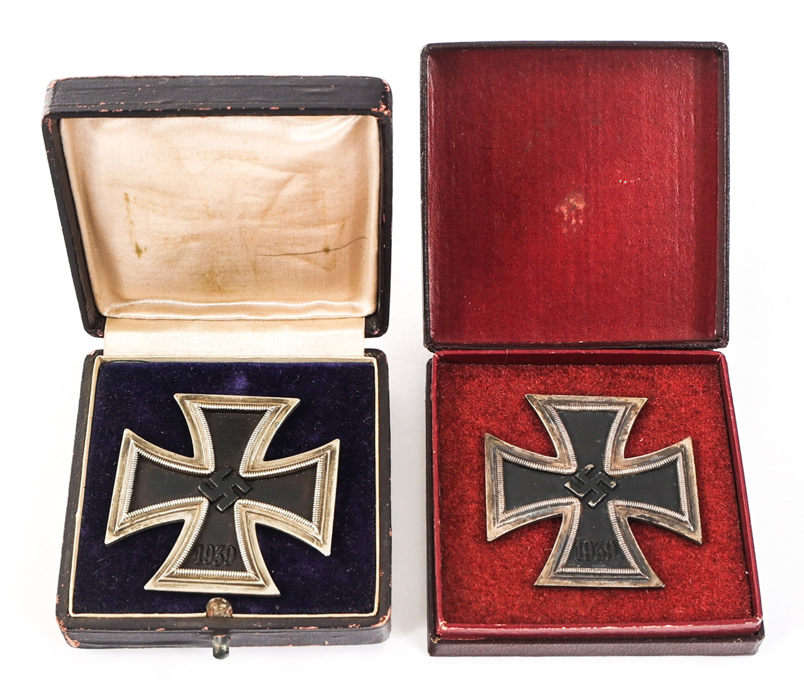 WWII GERMAN 1st CLASS IRON CROSS LOT OF 2: WWII GERMAN 1st CLASS IRON CROSS LOT OF 2 Lot of 2 WWII German 1st Class Iron Cross Badges. Pinback construction. One original case, one post production case.