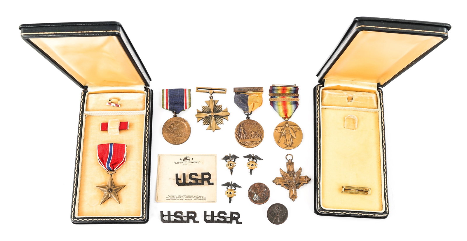 WWI - WWII US ARMY MEDALS & INSIGNIA: WWI - WWII US ARMY MEDALS & INSIGNIA WWI - WWII US Army Insignia. New Jersey National Guard Mexican Border Service Medal, WWI New Jersey Victory Medal, WWI Victory Medal, Bronze Star Medal named to Ro