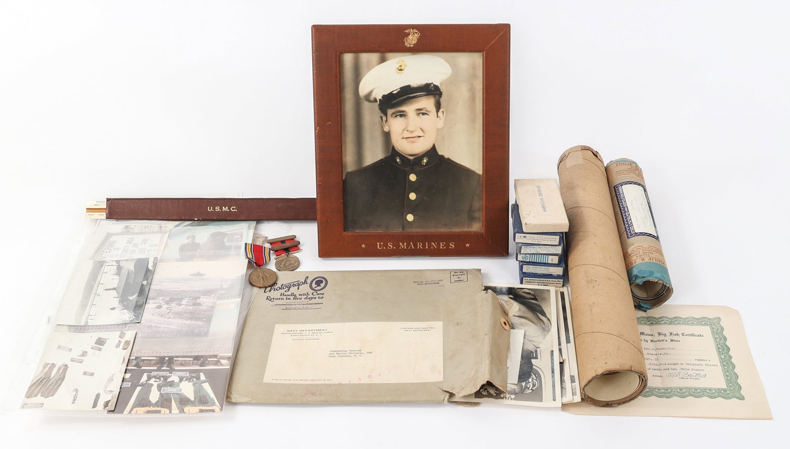 WWII - KOREAN WAR USMC NAMED MEDAL & PHOTO GROUP: WWII - KOREAN WAR USMC NAMED MEDAL & PHOTO GROUP WWII - Korean War US Marine Corps Named Medal & Photograph Grouping. Named to Senior NCO Leo R. Rodweller. Includes USMC Good Conduct medal engraved wi