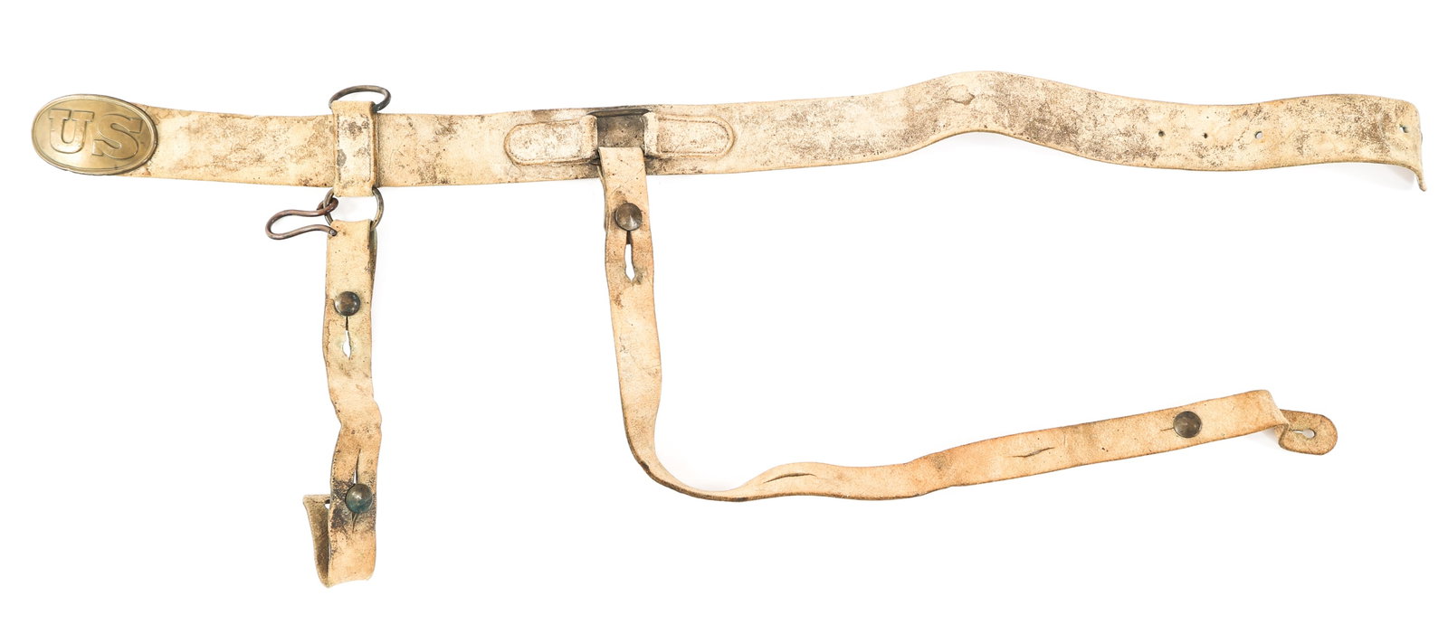 CIVIL WAR US ARMY EM / NCO SWORD BELT & BUCKLE: CIVIL WAR US ARMY EM / NCO SWORD BELT & BUCKLE Civil War US Army Enlisted Man / NCO Sword Belt & Buckle. White leather belt with brass "US" oval buckle. No visible markings or stamps.