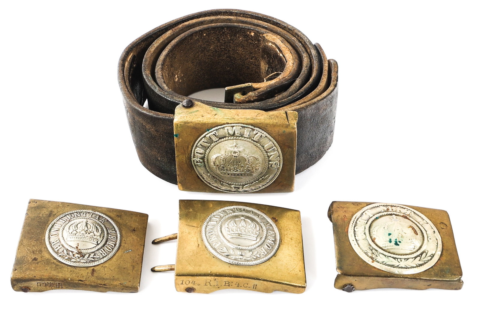 LATE 19TH C. - WWI PRUSSIAN & SAXON BELT BUCKLES: LATE 19TH C. - WWI PRUSSIAN & SAXON BELT BUCKLES Late 19th Century - WWI Imperial German Prussian and Saxon Belt Buckles. (2) M1895 Saxon Buckle. Brass and alloy construction. (1) Prussian NCO Buckle.