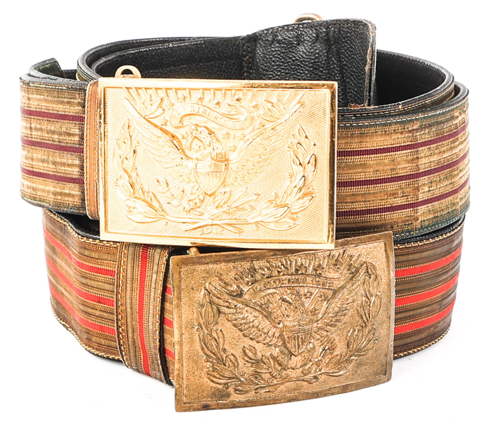 US ARMY M1902 BROCADE DRESS BELTS & BUCKLES: US ARMY M1902 BROCADE DRESS BELTS & BUCKLES US Army M1902 Brocade Dress Belts & Buckles. Red and gold thread front stitching with black leather backings. Gilded brass Army eagle buckles. No visible ma