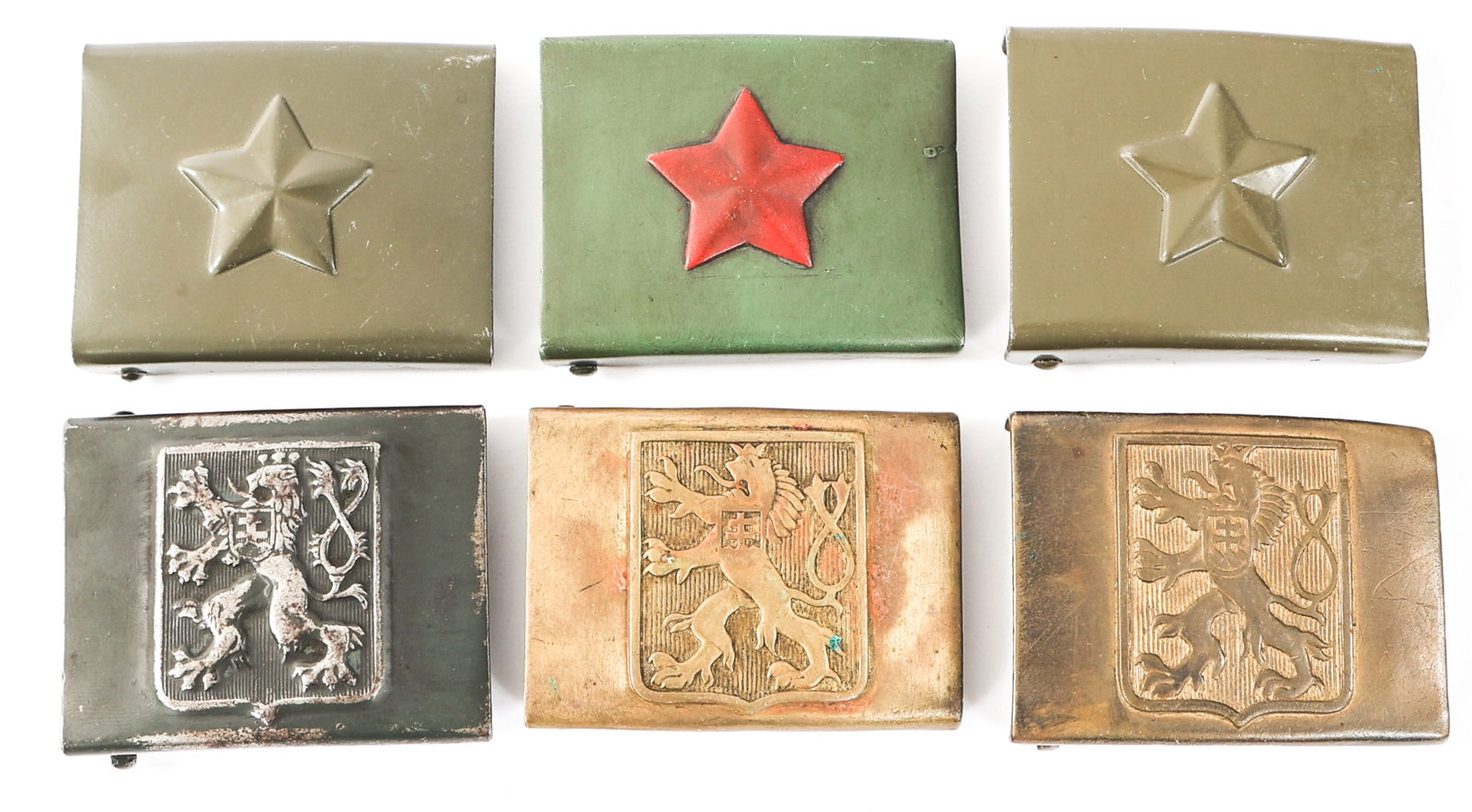 WWII - COLD WAR CZECH ARMY BELT BUCKLES: WWII - COLD WAR CZECH ARMY BELT BUCKLES WWII - Cold War Czech Army Belt Buckles. (3) WWII Coat of Arms Buckles. Brass and steel construction. No visible maker marks. (3) Cold War Era Star Buckles. Ste