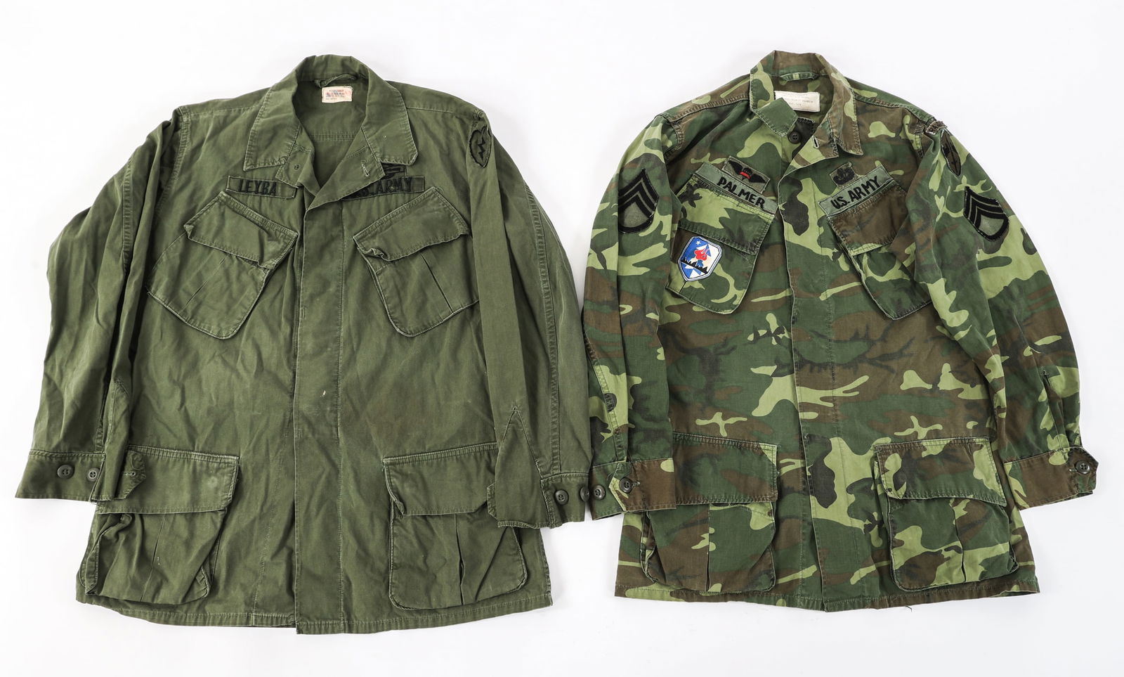 VIETNAM WAR US ARMY MACV ERDL & OG-107 COATS: VIETNAM WAR US ARMY MACV ERDL & OG-107 COATS Vietnam War US Army ERDL & OG-107 Coats. (1) Army Ranger NCO Parachute Rigger ERDL Coat. Staff Sergeant rank patches on sleeves, MACV shoulder patch with R