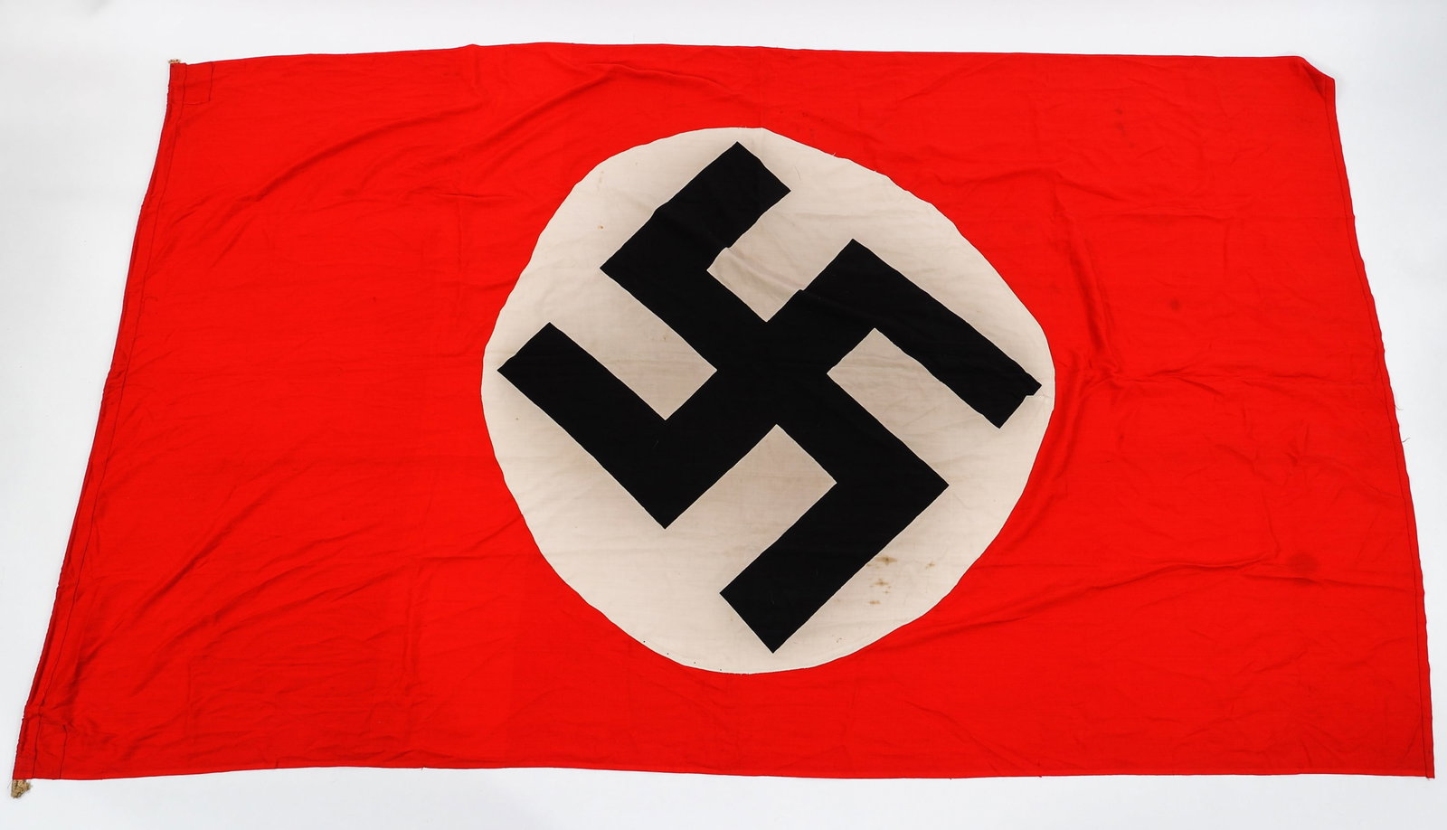 WWII GERMAN NSDAP BANNER / FLAG: WWII GERMAN NSDAP BANNER / FLAG WWII German NSDAP Banner / Flag. Two-piece, double sided, white on red cotton construction with printed emblem. No visible maker marks. Hand written capture note on the