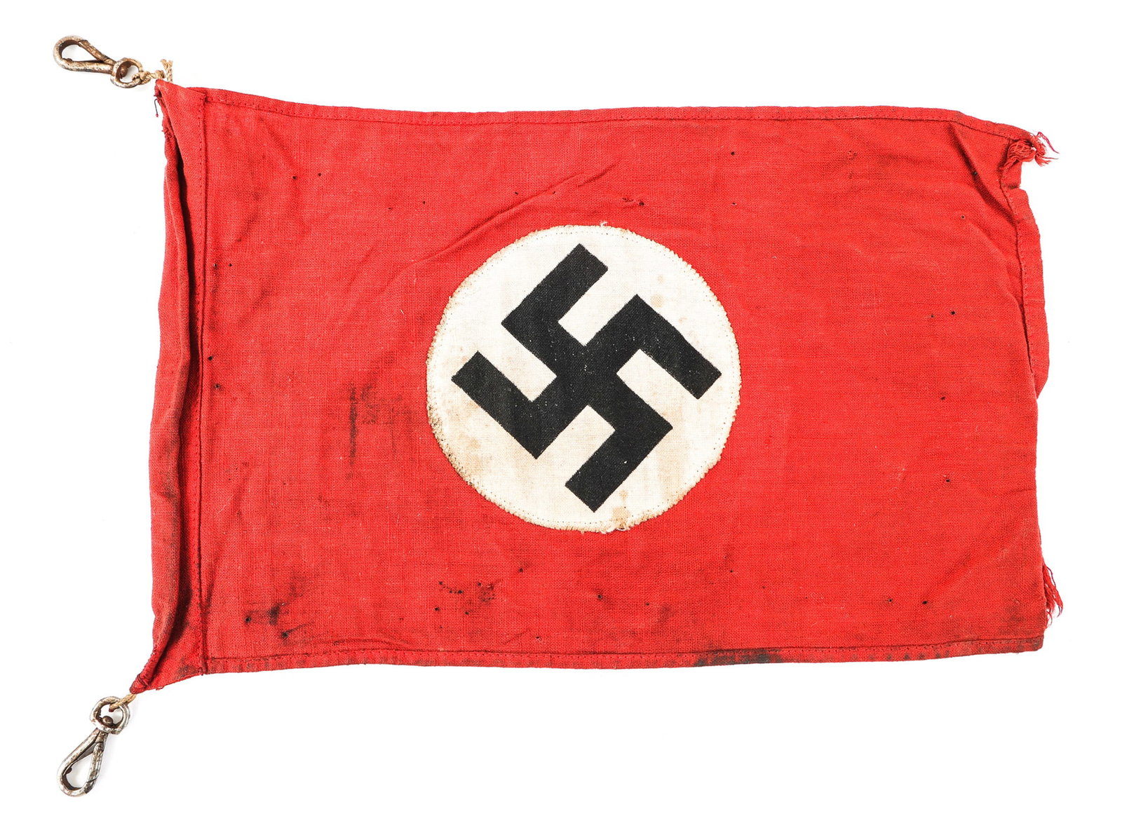 WWII GERMAN NSDAP NATIONAL FLAG: WWII GERMAN NSDAP NATIONAL FLAG WWII German NSDAP National Small Flag. Double sided, multi-piece construction with printed swastika. Steel clips/hooks with rope on one end. | Size: 7" x 10 1/2"