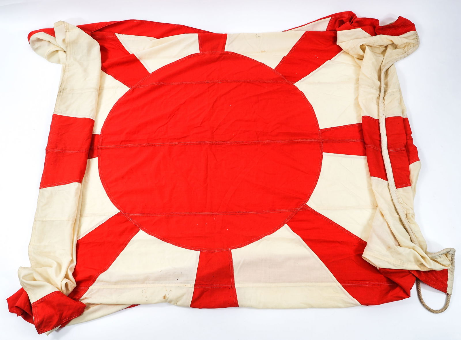 WWII IMPERIAL JAPANESE NAVY REAR ADMIRAL SHIP FLAG: WWII IMPERIAL JAPANESE NAVY REAR ADMIRAL SHIP FLAG WWII Imperial Japanese Navy Standard Rear Admiral Ship Flag. Multi-piece, wool and linen construction. Reinforced machine/hand stitching and header w