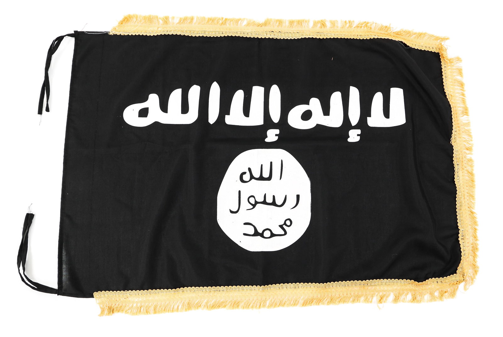 ISIS FLAG CAPTURED DURING BATTLE OF RAMADI 2015: ISIS FLAG CAPTURED DURING BATTLE OF RAMADI 2015 ISIS Battle Flag captured during the battle of Ramadi in 2015. One piece, single sided cotton construction with painted emblem and letters. Frilled gold