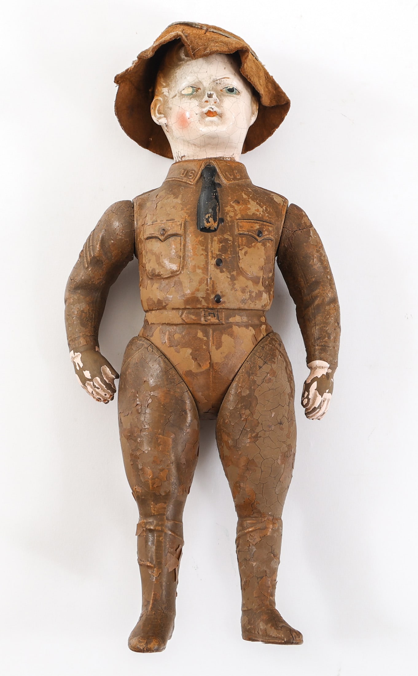 WWI US LIBERTY BOY DOLL By IDEAL DOLL COMPANY: WWI US LIBERTY BOY DOLL By IDEAL DOLL COMPANY WWI US "Liberty Boy" Soldier Doll / Figurine. Molded composite construction and brown felt hat. Maker marked by Ideal Doll Company on the back. | Size: 12