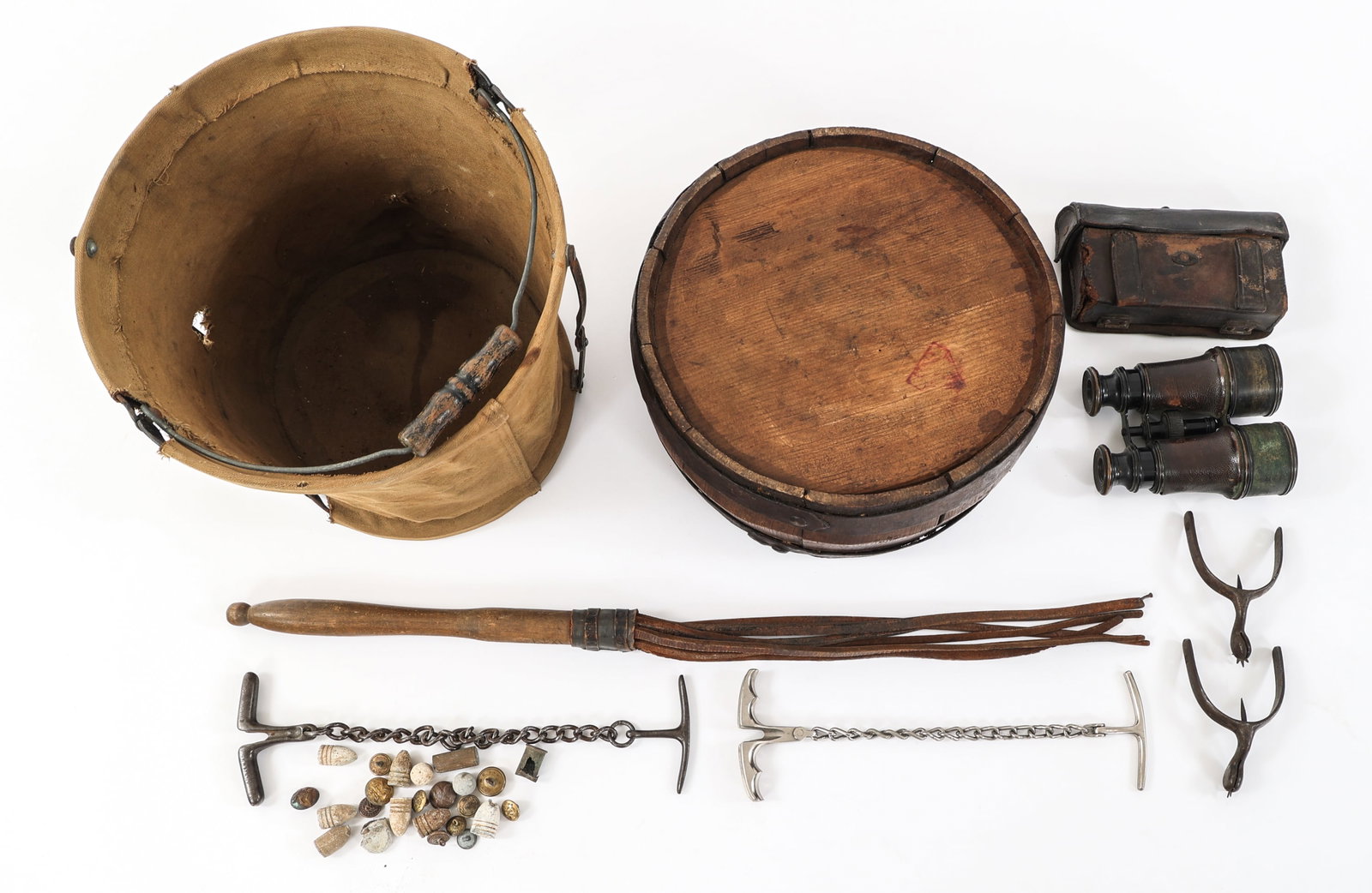 19th C. US ARMY FIELD GEAR & MINIE BALLS: 19th C. US ARMY FIELD GEAR & MINIE BALLS 19th C. US Army Field Gear & Minie Balls. Includes Minie balls, tunic buttons, LeMarie Fabt, Paris binoculars, unmarked black leather cartridge box with wood i
