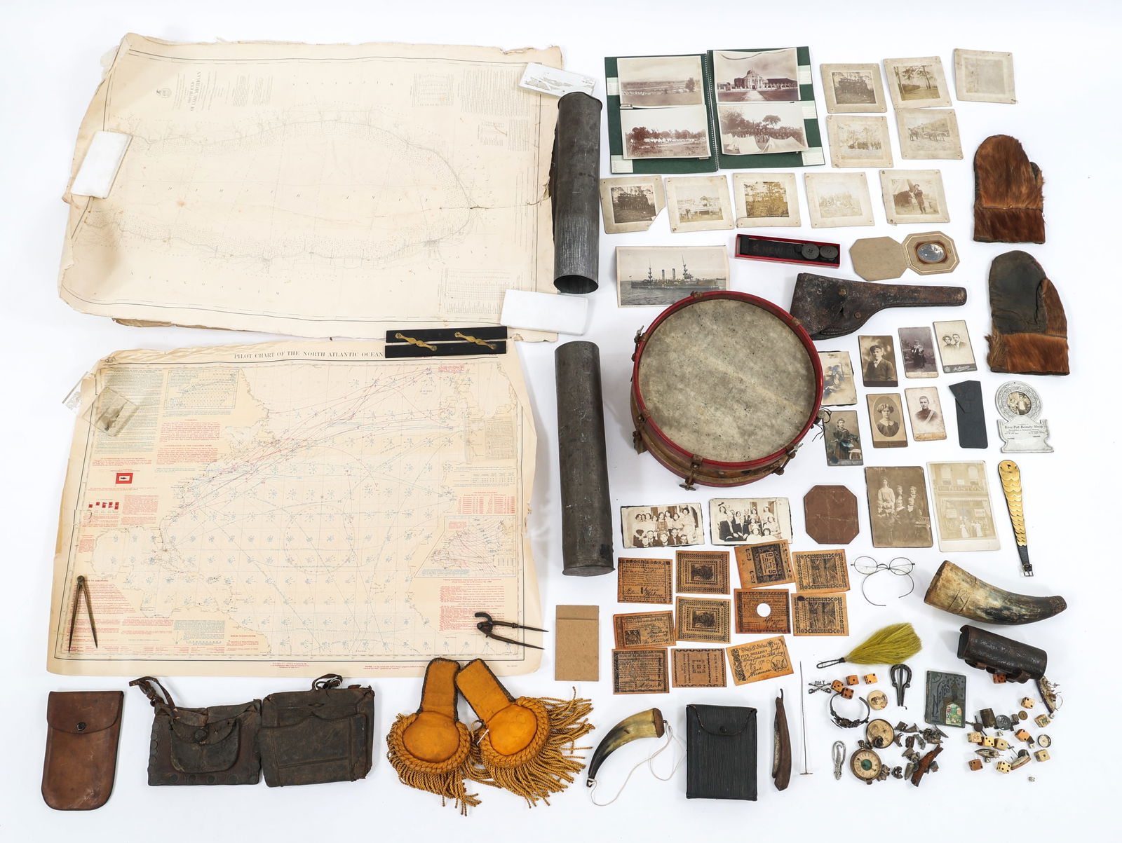 19th C. US ARMY PHOTOS, MAPS, DRUM, & FIELD GEAR: 19th C. US ARMY PHOTOS, MAPS, DRUM, & FIELD GEAR Lot of Assorted 19th C. US Army Field Gear & Photographs. Includes artillery firing table chart in tin map tube, cartography compasses, parallel ruler,