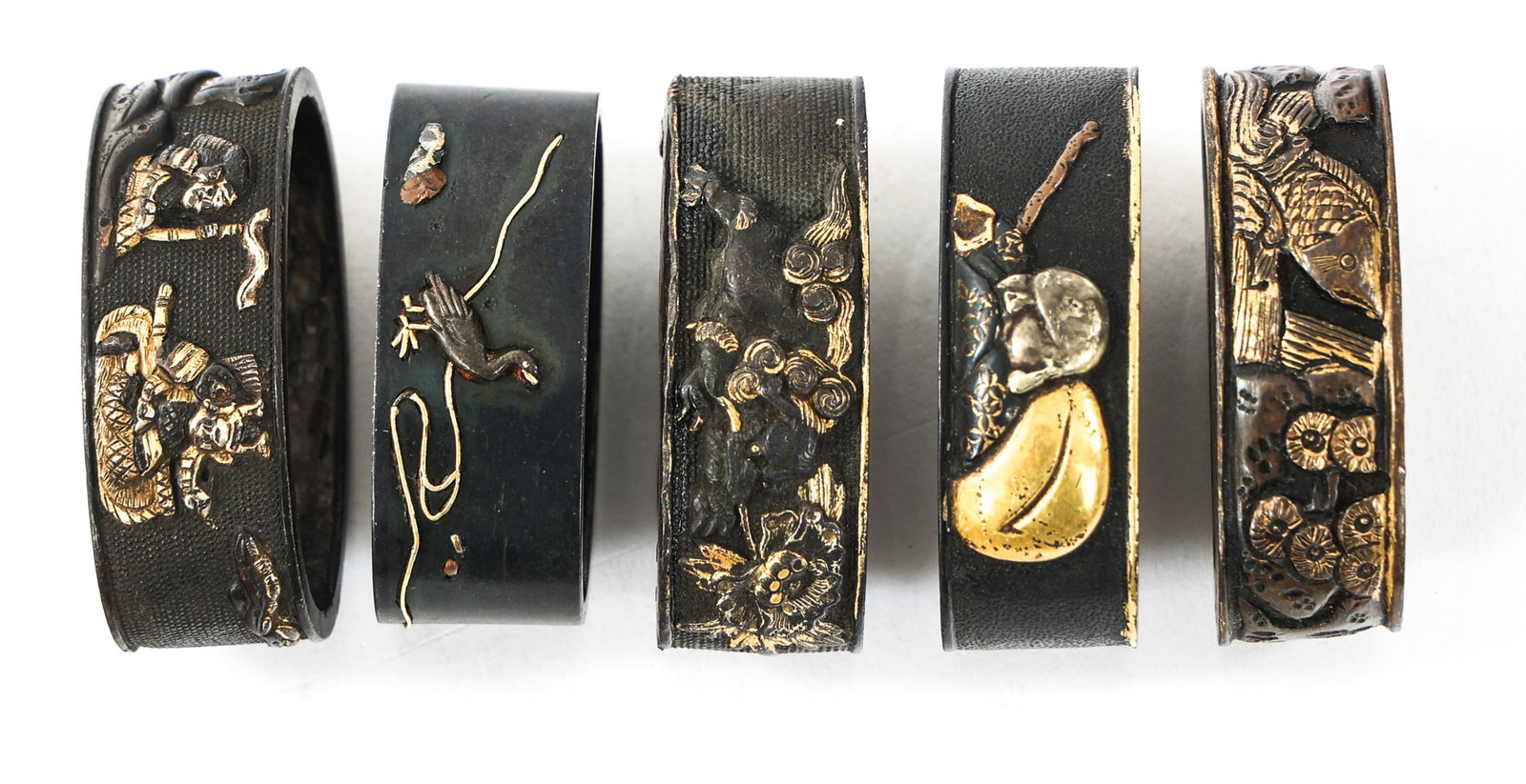 19th C. JAPANESE GILDED FUCHI COLLARS: 19th C. JAPANESE GILDED FUCHI COLLARS 19th Century Japanese Gold Gilded Fuchis. Cooper and brass construction. Decorated with gold gilded designs in relief.