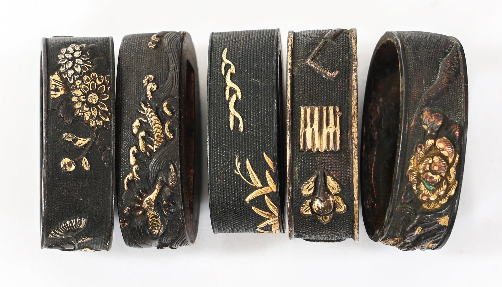 19th C. JAPANESE GILDED FUCHI COLLARS: 19th C. JAPANESE GILDED FUCHI COLLARS 19th Century Japanese Gold Gilded Fuchis. Cooper and brass construction. Decorated with gold gilded designs in relief.