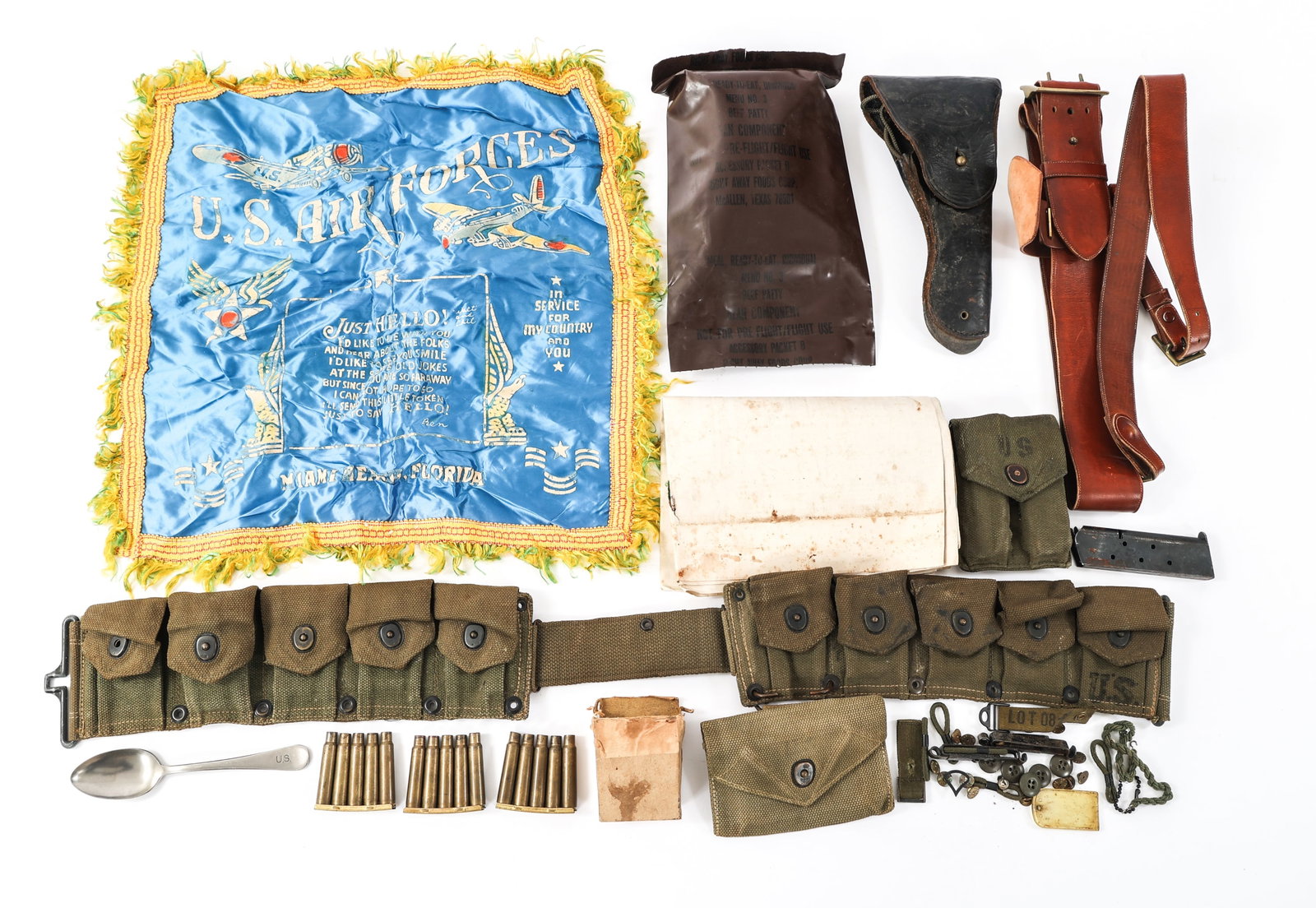 WWII - COLD WAR US ARMY MAP & FIELD GEAR: WWII - COLD WAR US ARMY MAP & FIELD GEAR WWII - Cold War US Army Field Gear. Includes 26" x 36" paper map of northeast Bavaria, cartridge belt holding M1 Garand clip with 8 .30-06 rounds, M1911 magazi