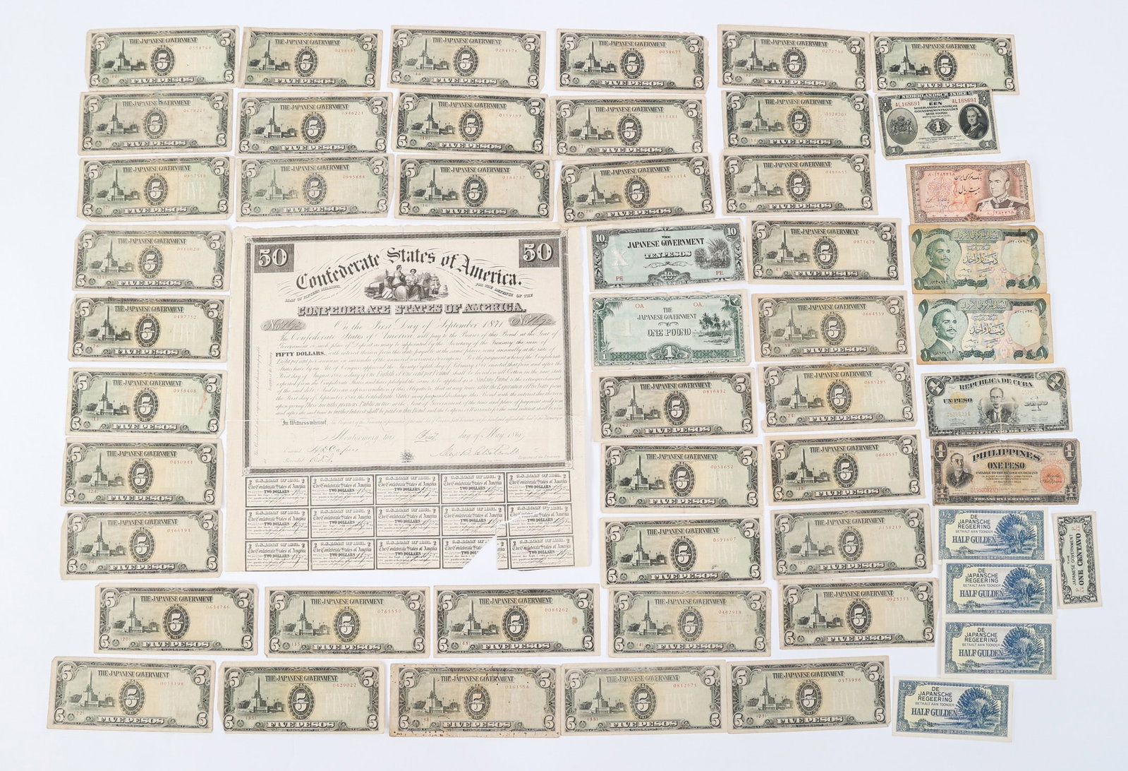CIVIL WAR - WWII WORLD CURRENCY & CSA BANK BOND: CIVIL WAR - WWII WORLD CURRENCY & CSA BANK BOND Civil War - WWII World Currency and Confederate States Treasury Bond. Includes Confederate States $50 treasury bond and Japanese occupation currency. Ot