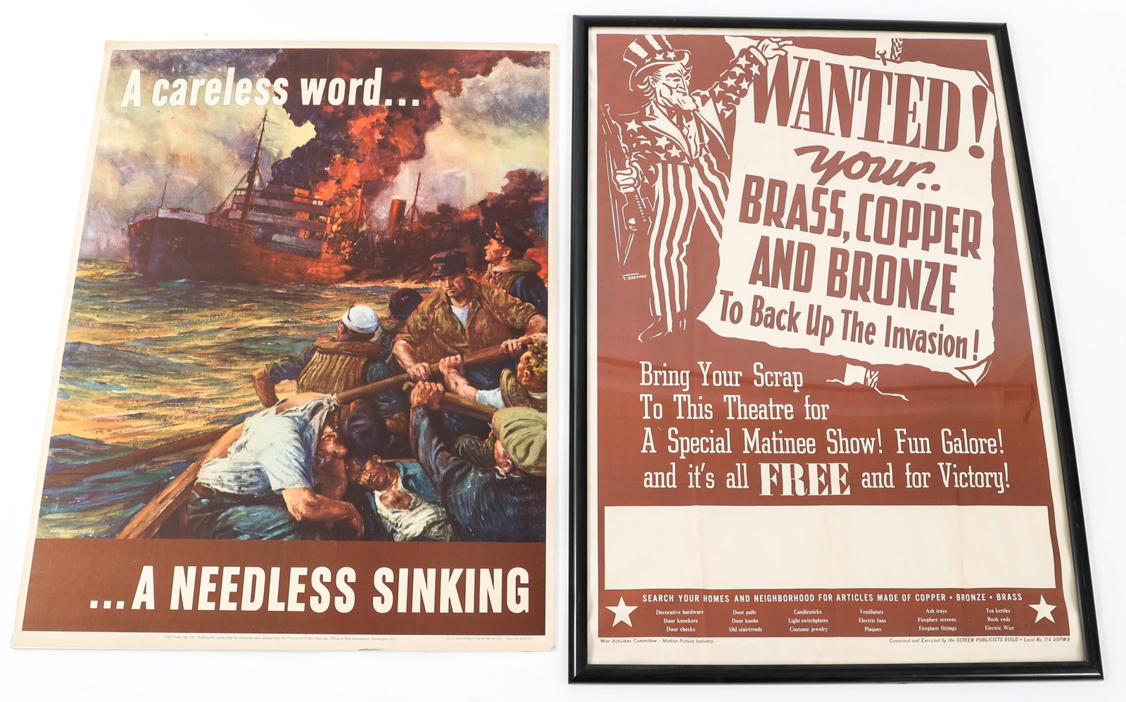 WWII US HOMEFRONT POSTERS: WWII US HOMEFRONT POSTERS WWII US Homefront Posters. (1) "A Careless Word... A Needless Sinking" Poster. OWI Poster No. 24. US Government Printing Office 1942. Size: 37 1/4" x 28 1/2". (1) Framed "Wan
