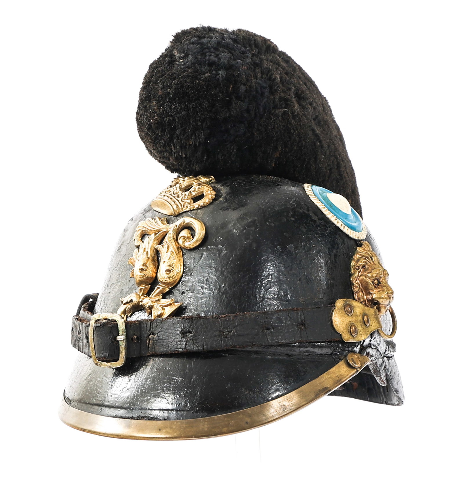 19th C. BAVARIAN M1868 RAUPENHELM JAGER HELMET: 19th C. BAVARIAN M1868 RAUPENHELM JAGER HELMET 19th Century Imperial German Bavarian M1868 Raupenhelm Jager Helmet. Thick leather construction with brass trim. Wool Raupe (Caterpillar), Bavarian front